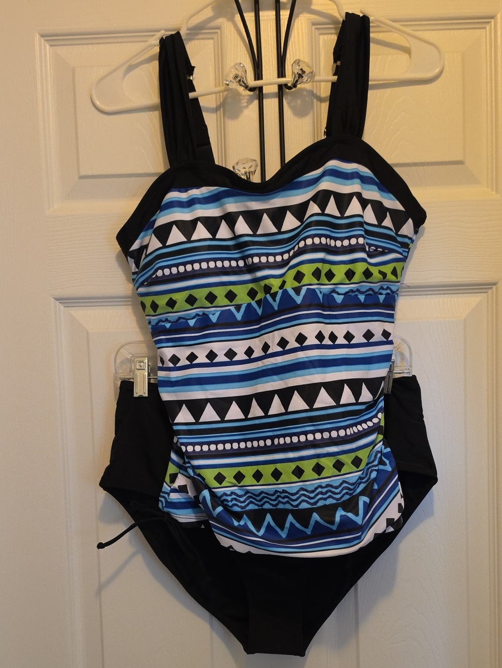 NWOT- Black & Blue Striped Geometric Two-Piece Swimsuit with Lime Accents